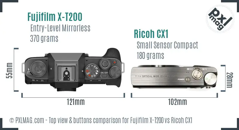 Fujifilm X-T200 vs Ricoh CX1 top view buttons comparison