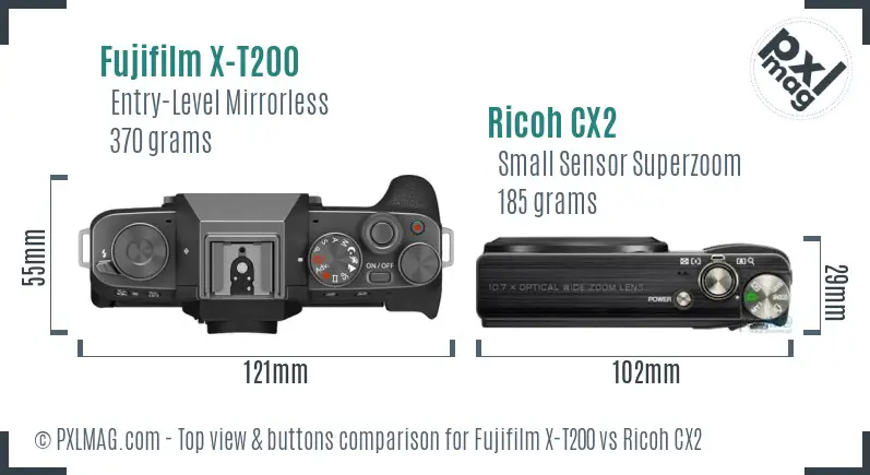 Fujifilm X-T200 vs Ricoh CX2 top view buttons comparison