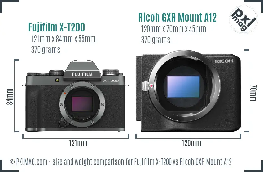 Fujifilm X-T200 vs Ricoh GXR Mount A12 size comparison