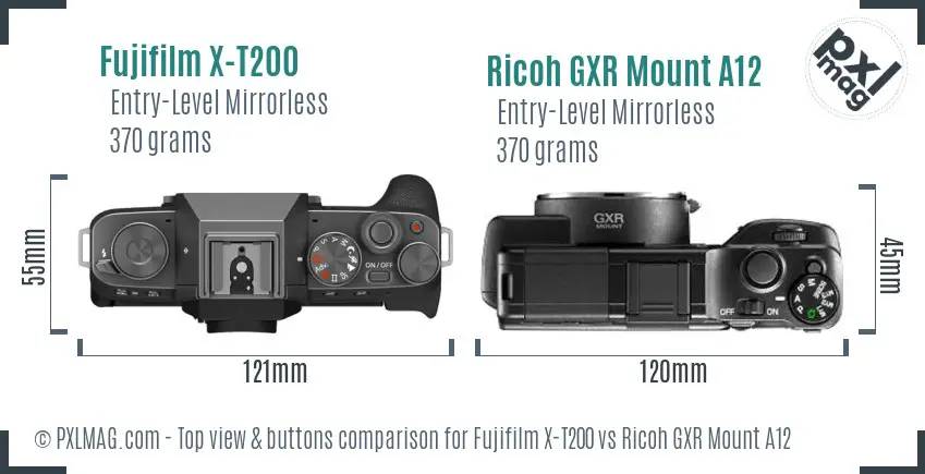 Fujifilm X-T200 vs Ricoh GXR Mount A12 top view buttons comparison