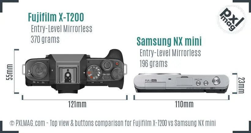 Fujifilm X-T200 vs Samsung NX mini top view buttons comparison