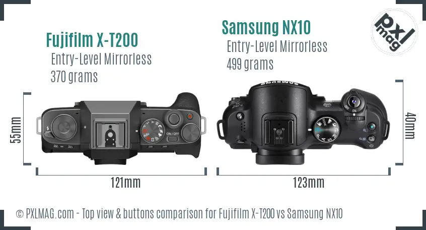 Fujifilm X-T200 vs Samsung NX10 top view buttons comparison