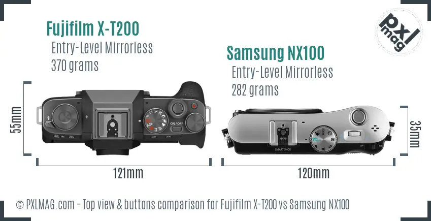 Fujifilm X-T200 vs Samsung NX100 top view buttons comparison