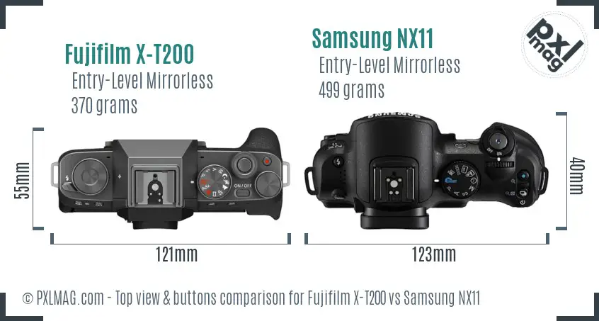 Fujifilm X-T200 vs Samsung NX11 top view buttons comparison