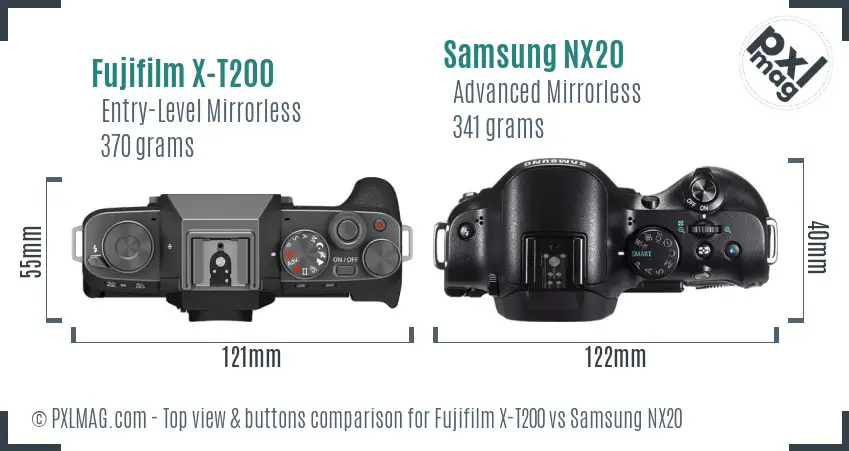 Fujifilm X-T200 vs Samsung NX20 top view buttons comparison Fujifilm X-T200 vs Samsung NX20 top view buttons comparison