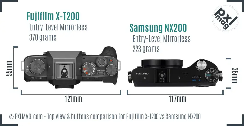 Fujifilm X-T200 vs Samsung NX200 top view buttons comparison