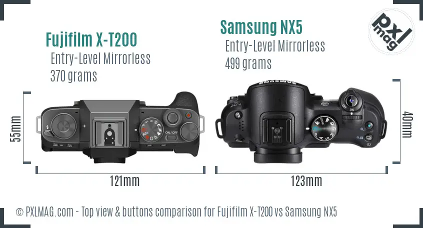Fujifilm X-T200 vs Samsung NX5 top view buttons comparison