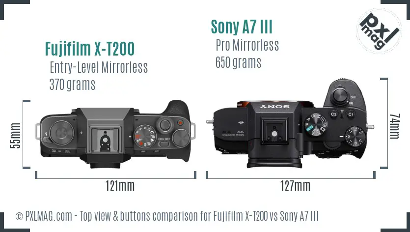 Fujifilm X-T200 vs Sony A7 III top view buttons comparison