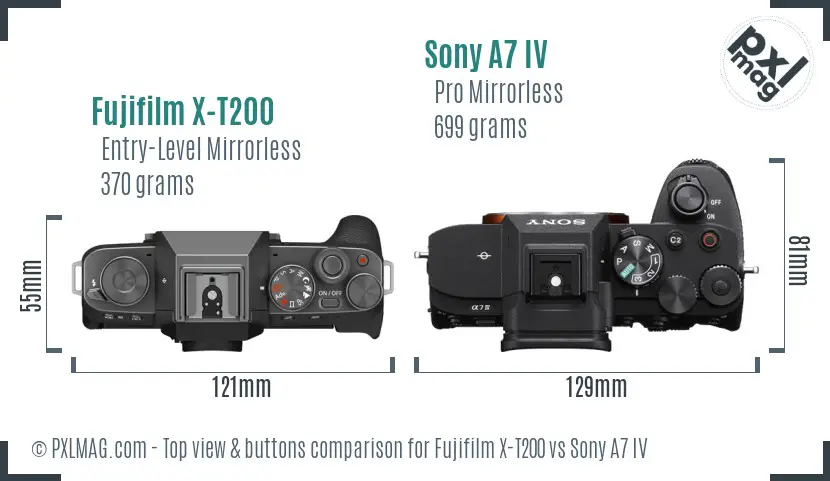 Fujifilm X-T200 vs Sony A7 IV top view buttons comparison