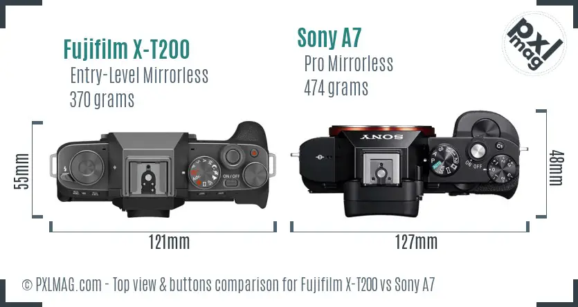 Fujifilm X-T200 vs Sony A7 top view buttons comparison