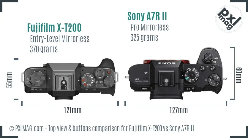 Fujifilm X-T200 vs Sony A7R II top view buttons comparison
