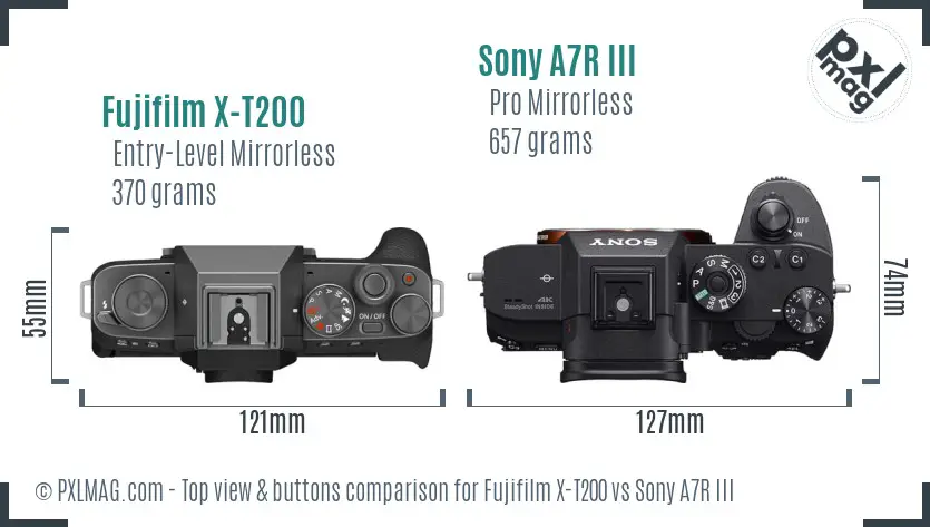 Fujifilm X-T200 vs Sony A7R III top view buttons comparison Fujifilm X-T200 vs Sony A7R III top view buttons comparison