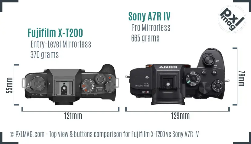 Fujifilm X-T200 vs Sony A7R IV top view buttons comparison