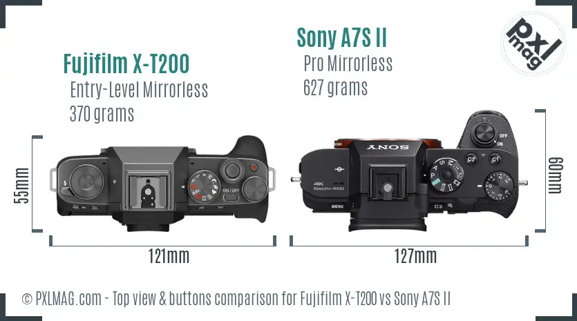 Fujifilm X-T200 vs Sony A7S II top view buttons comparison