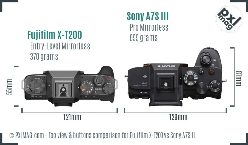Fujifilm X-T200 vs Sony A7S III top view buttons comparison