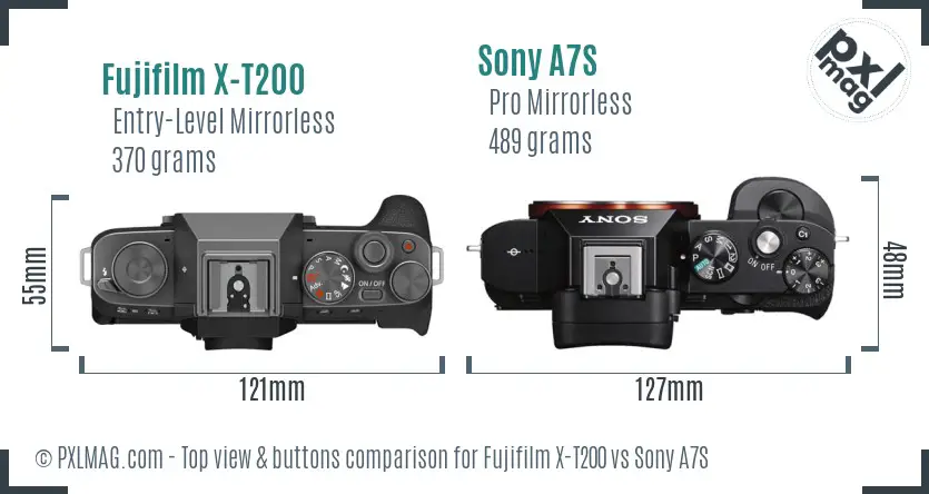 Fujifilm X-T200 vs Sony A7S top view buttons comparison