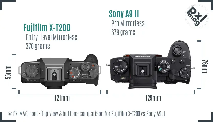 Fujifilm X-T200 vs Sony A9 II top view buttons comparison
