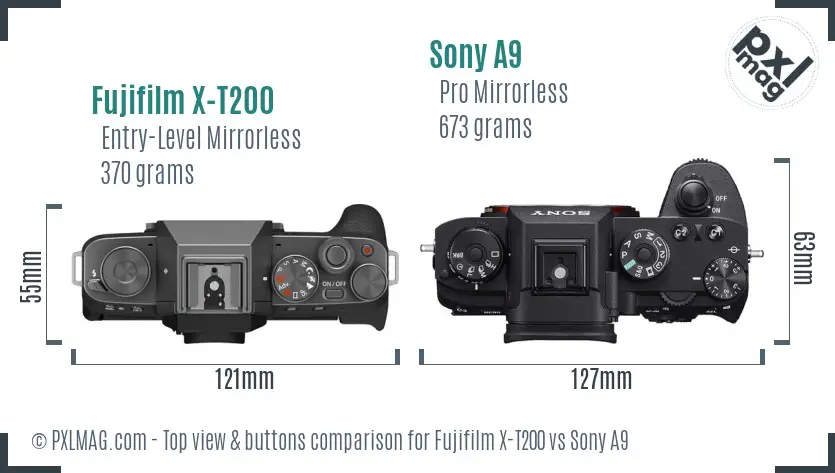 Fujifilm X-T200 vs Sony A9 top view buttons comparison