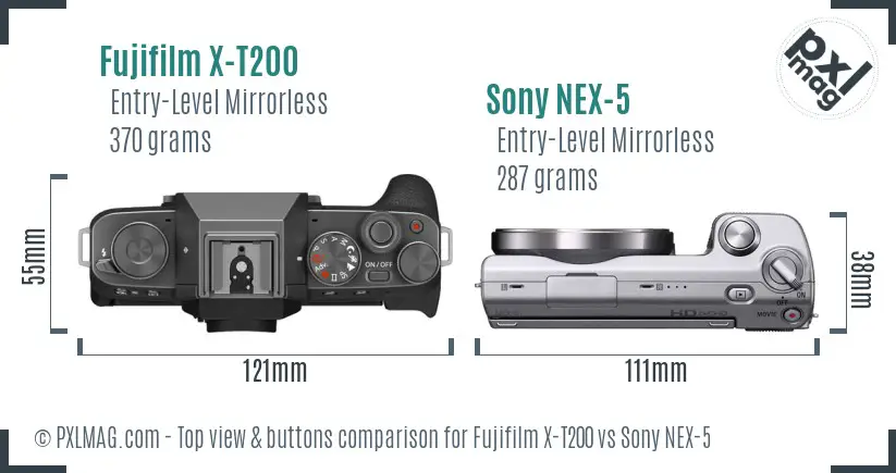 Fujifilm X-T200 vs Sony NEX-5 top view buttons comparison
