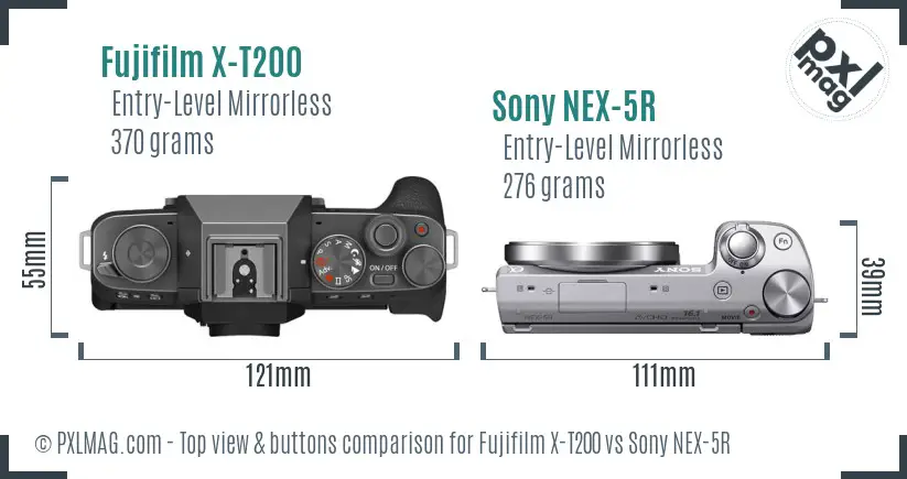 Fujifilm X-T200 vs Sony NEX-5R top view buttons comparison