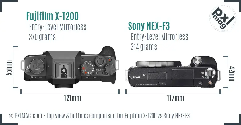 Fujifilm X-T200 vs Sony NEX-F3 top view buttons comparison