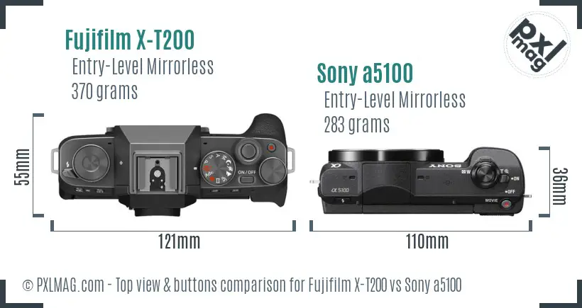 Fujifilm X-T200 vs Sony a5100 top view buttons comparison