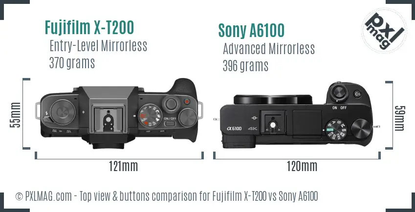 Fujifilm X-T200 vs Sony A6100 top view buttons comparison