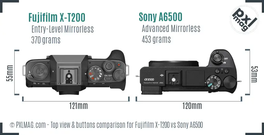 Fujifilm X-T200 vs Sony A6500 top view buttons comparison