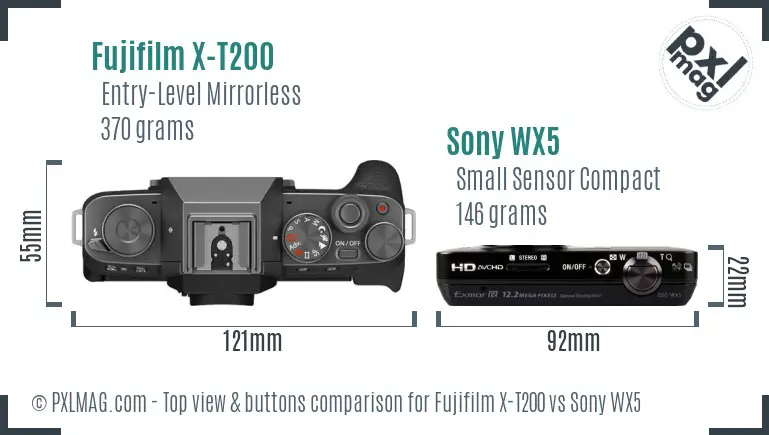 Fujifilm X-T200 vs Sony WX5 top view buttons comparison