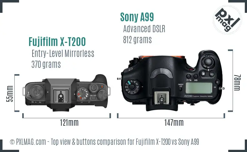 Fujifilm X-T200 vs Sony A99 top view buttons comparison