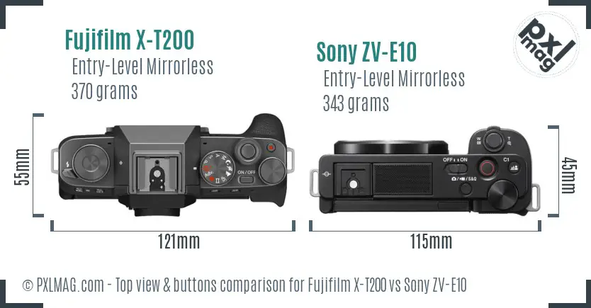 Fujifilm X-T200 vs Sony ZV-E10 top view buttons comparison
