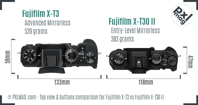 Fujifilm X-T3 vs Fujifilm X-T30 II top view buttons comparison
