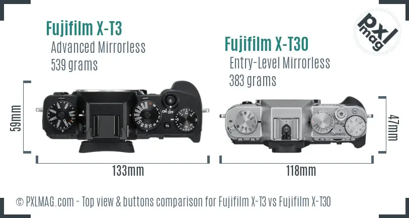 Fujifilm X-T3 vs Fujifilm X-T30 top view buttons comparison