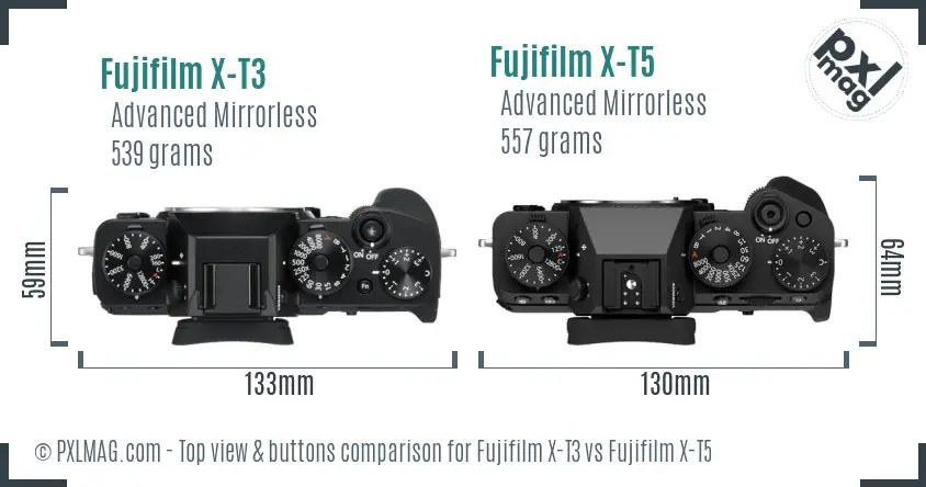 Fujifilm X-T3 vs Fujifilm X-T5 top view buttons comparison