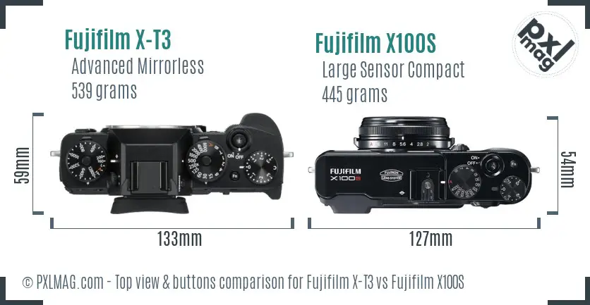 Fujifilm X-T3 vs Fujifilm X100S top view buttons comparison