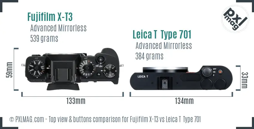 Fujifilm X-T3 vs Leica T  Type 701 top view buttons comparison