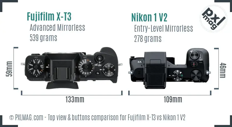 Fujifilm X-T3 vs Nikon 1 V2 top view buttons comparison