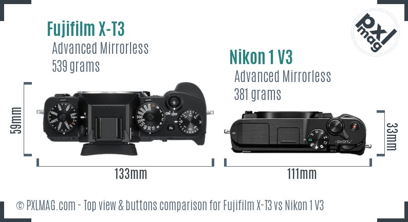 Fujifilm X-T3 vs Nikon 1 V3 top view buttons comparison
