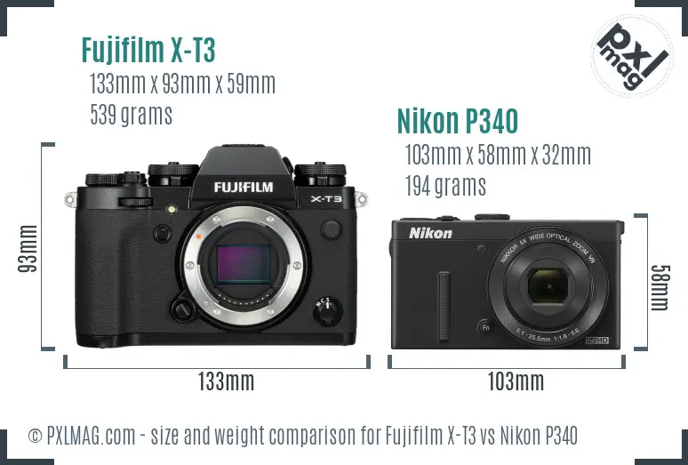 Fujifilm X-T3 vs Nikon P340 size comparison