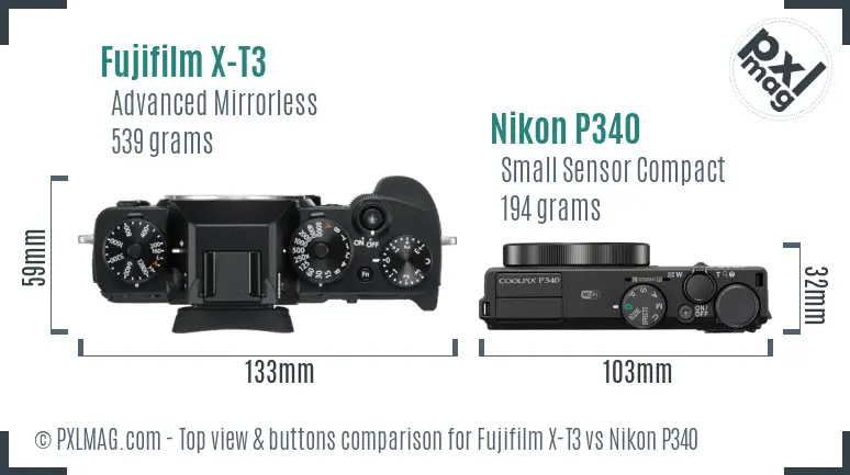 Fujifilm X-T3 vs Nikon P340 top view buttons comparison