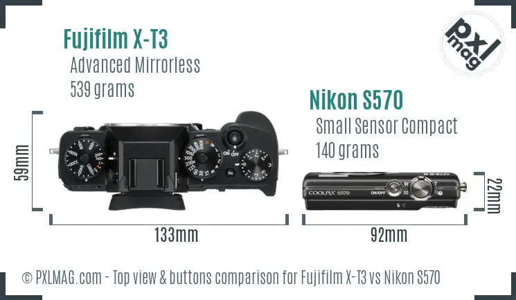 Fujifilm X-T3 vs Nikon S570 top view buttons comparison