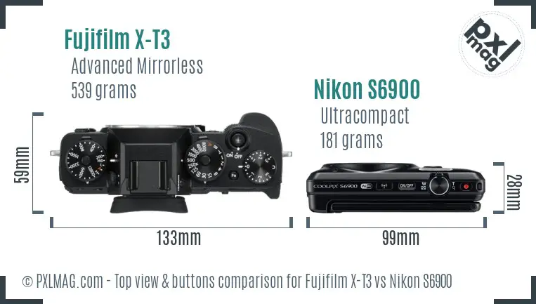 Fujifilm X-T3 vs Nikon S6900 top view buttons comparison