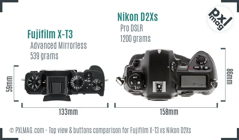 Fujifilm X-T3 vs Nikon D2Xs top view buttons comparison