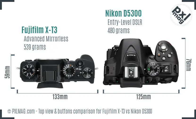 Fujifilm X-T3 vs Nikon D5300 top view buttons comparison Fujifilm X-T3 vs Nikon D5300 top view buttons comparison