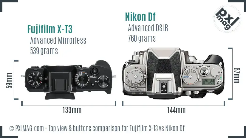 Fujifilm X-T3 vs Nikon Df top view buttons comparison Fujifilm X-T3 vs Nikon Df top view buttons comparison