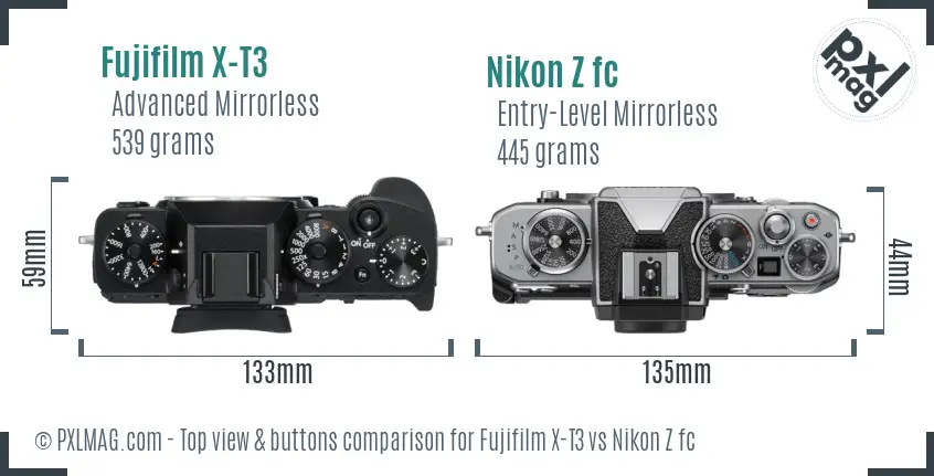 Fujifilm X-T3 vs Nikon Z fc top view buttons comparison