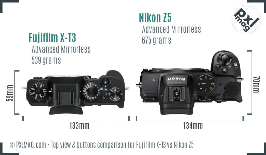 Fujifilm X-T3 vs Nikon Z5 top view buttons comparison