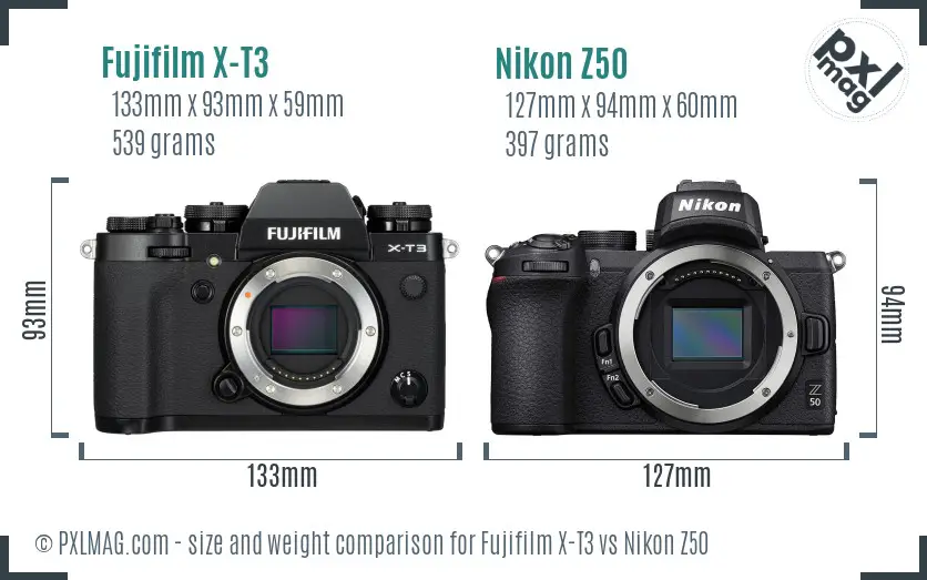 Fujifilm X-T3 vs Nikon Z50 size comparison Fujifilm X-T3 vs Nikon Z50 size comparison