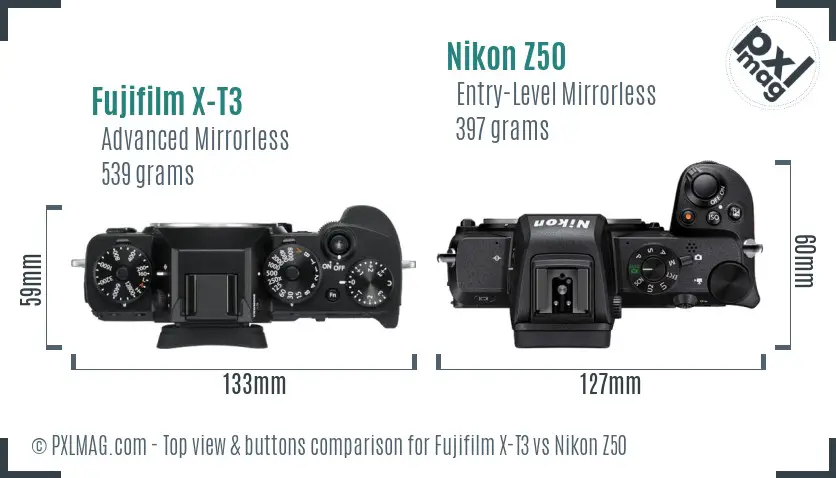 Fujifilm X-T3 vs Nikon Z50 top view buttons comparison Fujifilm X-T3 vs Nikon Z50 top view buttons comparison