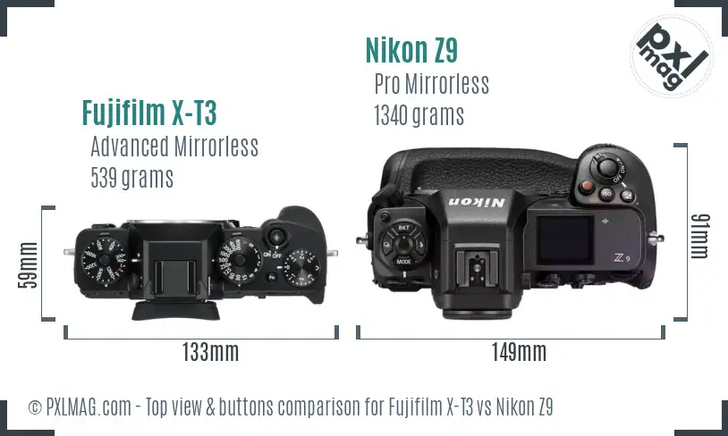Fujifilm X-T3 vs Nikon Z9 top view buttons comparison